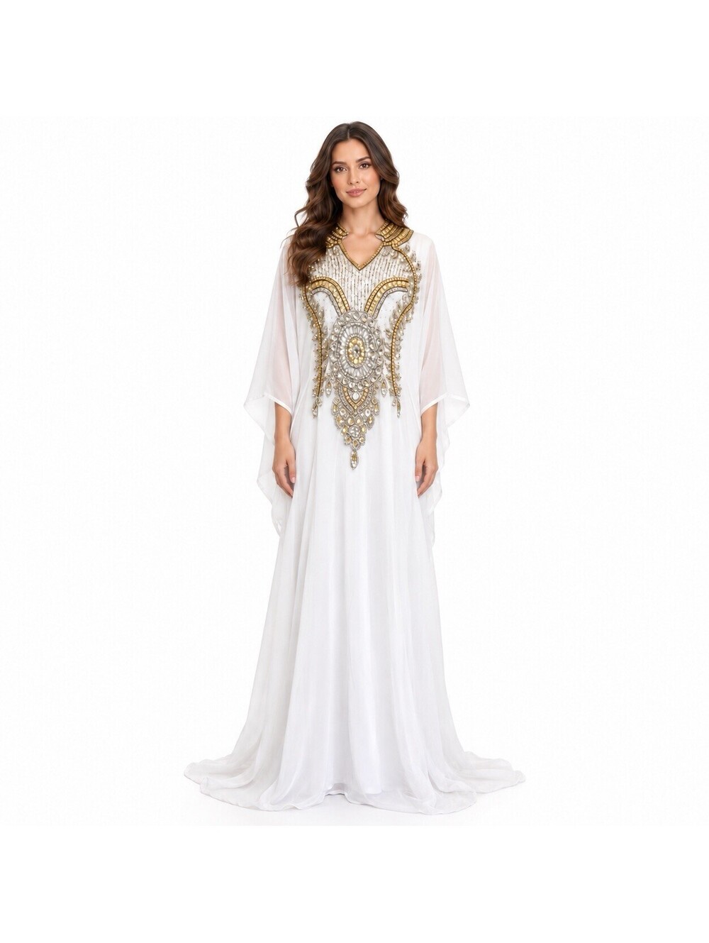White Gold Beaded Kaftan Dress Embellished Moroccan Farasha Abaya Gown One Size